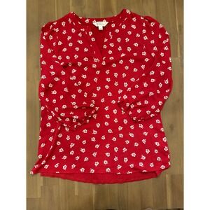 Market & Spruce Red Floral Split Neck Mixed Media Blouse 3/4 Sleeve Large